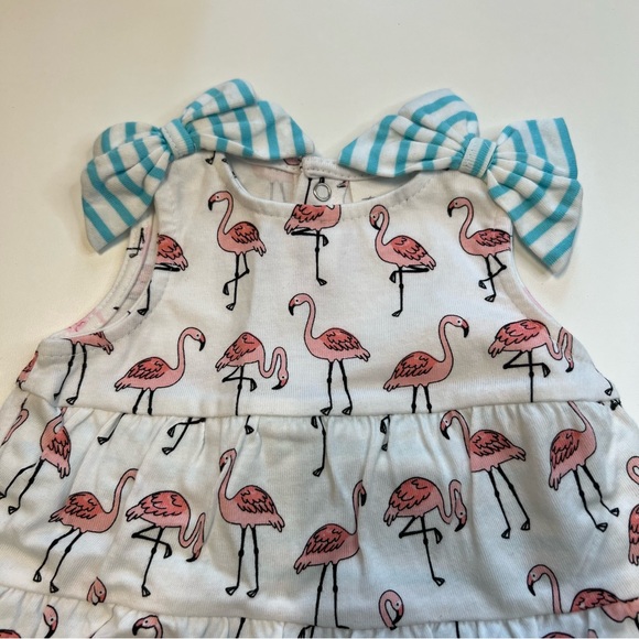Starting Out White Dress w/ Pink Flamingo Pattern, Blue & White Striped Bodysuit - Picture 3 of 6